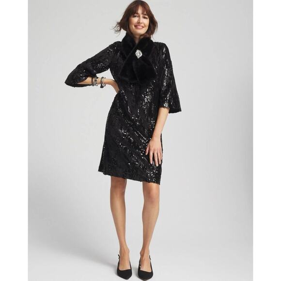 Chico’s NWT Size 3 Black Velvet Sequin Dress Retail Price $159 - Picture 1 of 10